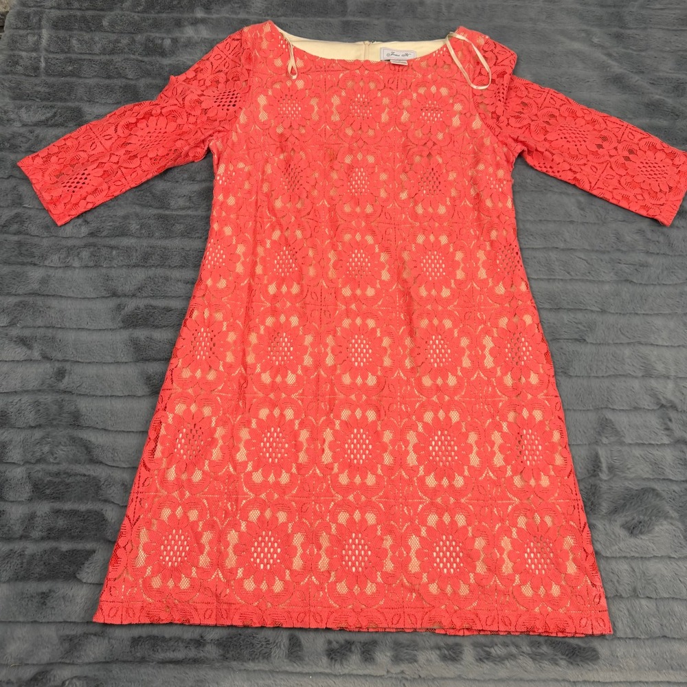 Jessica H Coral Pink Floral Lace Shift Dress Womens Size 12 3/4 Sleeve Cocktail